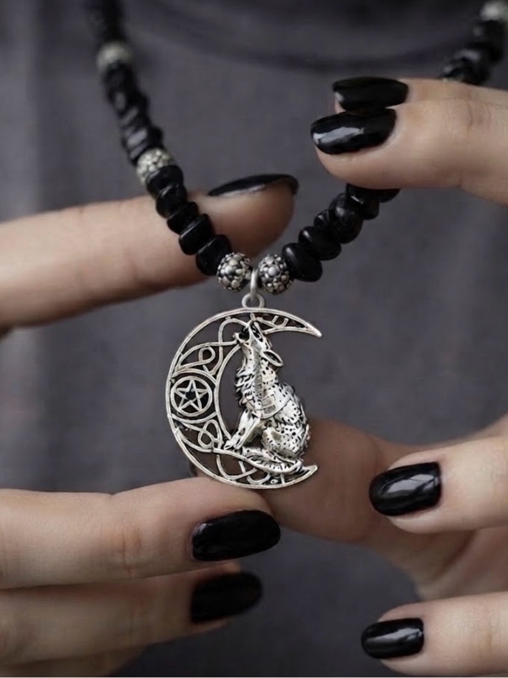 Black  obsidian Beaded Crescent Hare Pendant Necklace